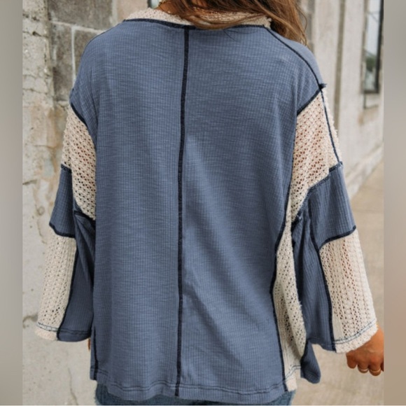 Blue and Cream Loose Fit Bohemian V-Neck Sweater - Picture 2 of 8